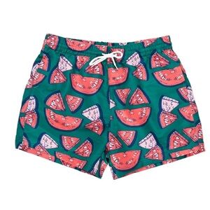 NWT Pink Chicken Blue Rooster Men’s Watermelon Puzzle Swim Trunks in size XL